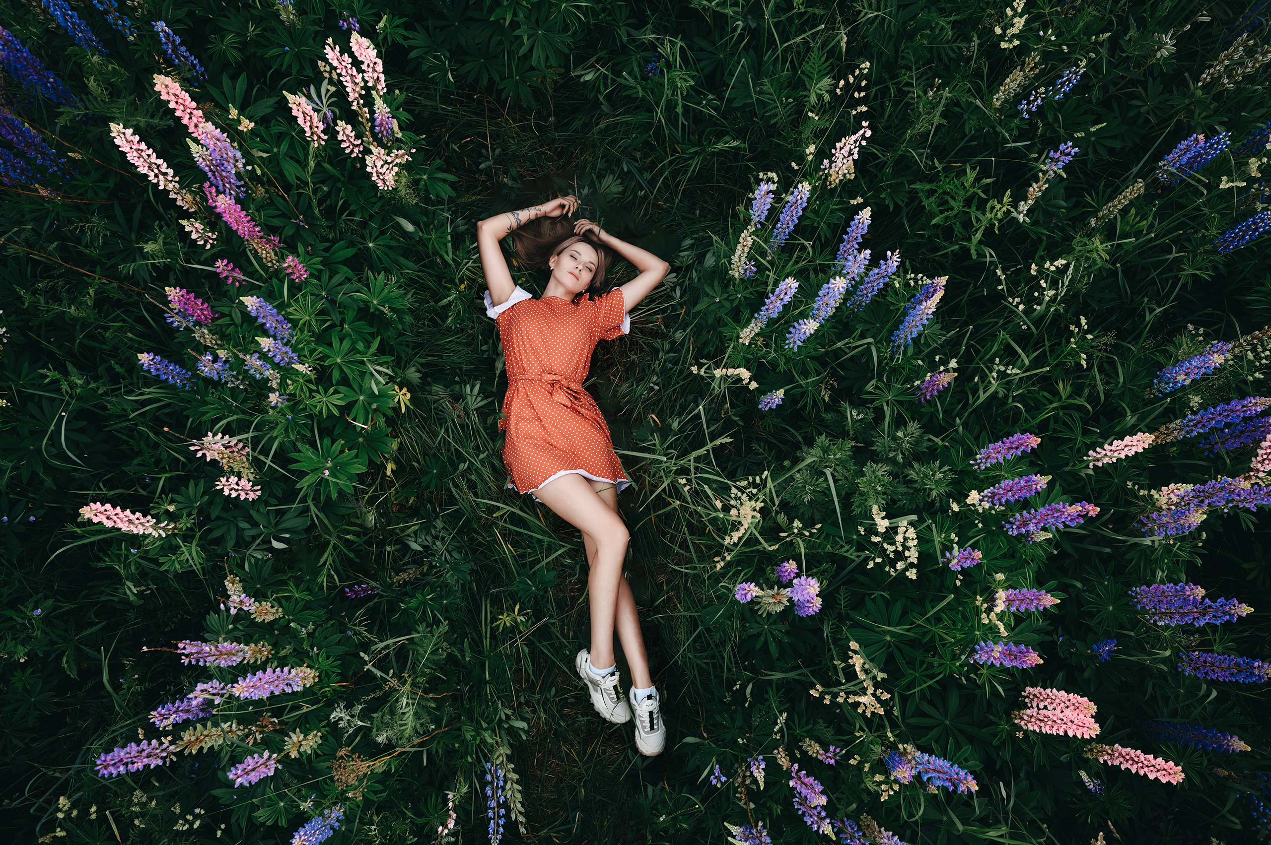 фотография девушки на поляне с цветами, съёмка с верхней точки, художественный портрет