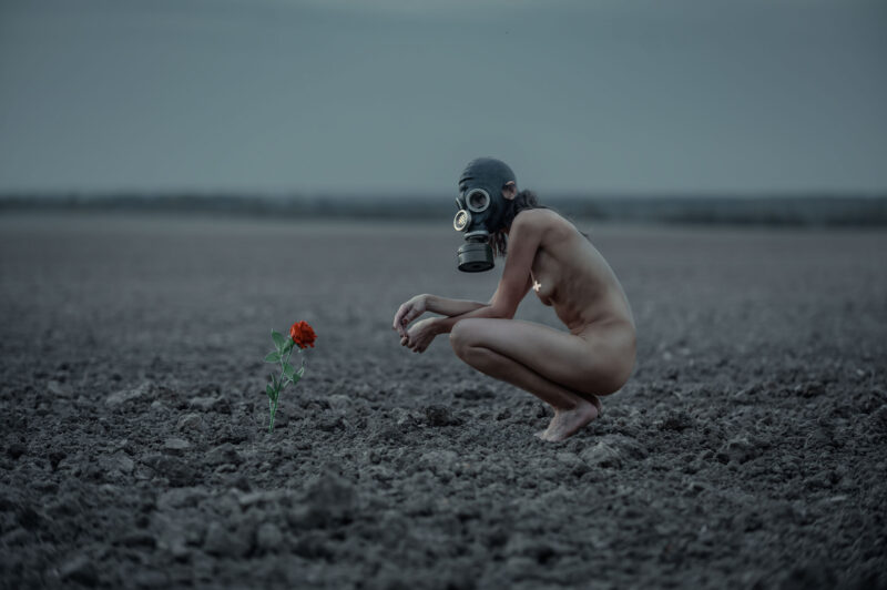 Одинокая обнажённая девушка в противогазе задумчиво сидит рядом с красной розой в мёртвой в пустыне