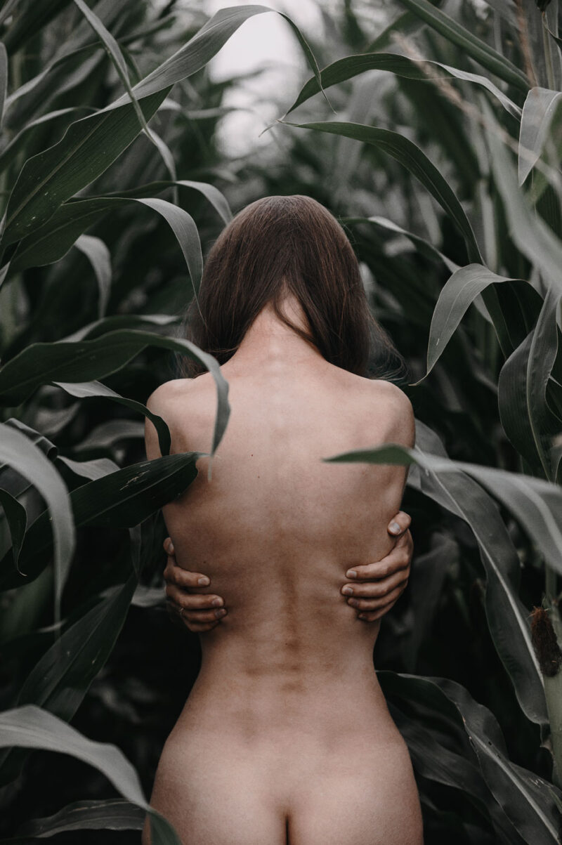 Художественное ню спины девушки в зарослях кукурузы