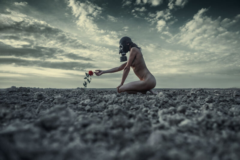 художественное фото - обнажённая девушка в противогазе среди безжизненного поля тянет руку к цветку